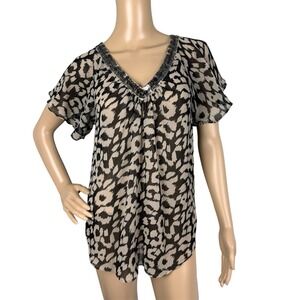 express leopard Animal Print Sheer Sequin V-neck Short Sleeve‎ Top